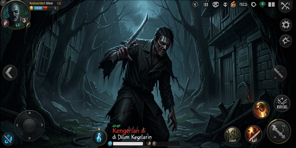 Gameplay 4P4P menampilkan suasana seram dan penuh ketegangan.