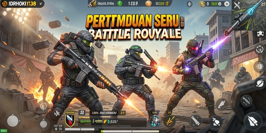 Screenshot utama IDRHOKI138 menampilkan aksi pertempuran seru di medan perang Battle Royale.