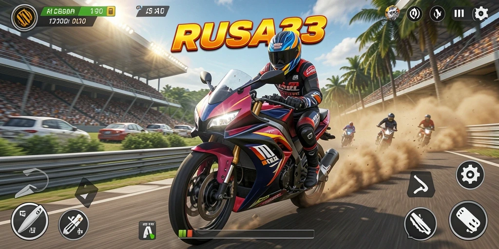 Gameplay seru dan mendebarkan di RUSA33 saat balapan motor.